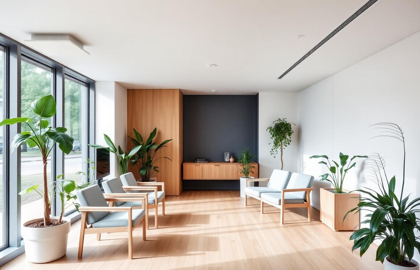 Heller Wartebereich der Praxis OrthoHamburg mit Holz- und Blautönen